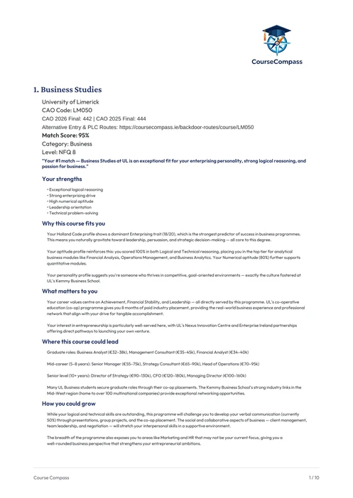 First page of the sample Course Compass PDF report