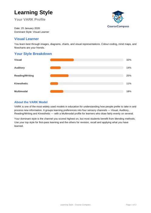 First page of the sample Learning Style PDF report
